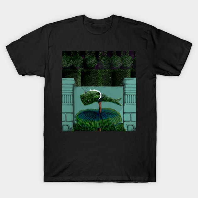 Alabaster the Cat and the Topiary Whale Night Version T-Shirt by Donnahuntriss